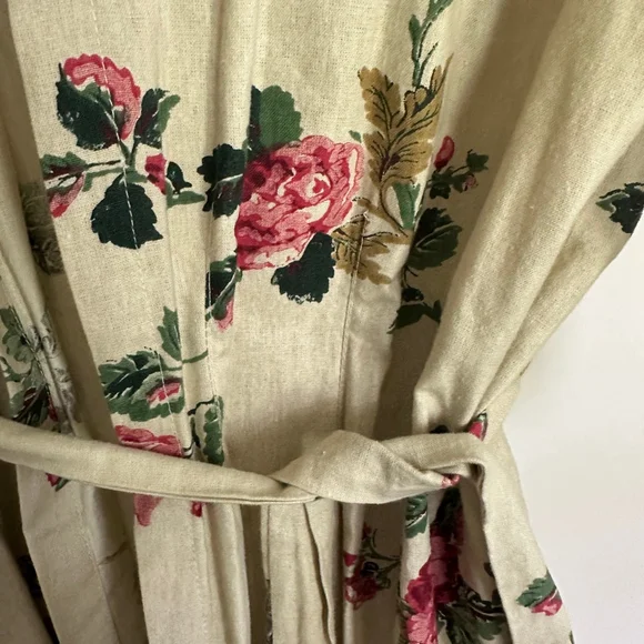 Handmade Women’s Floral Robe Linen Blend Tan/Red Size M Wrap Belted Kimono Style - Picture 4 of 10
